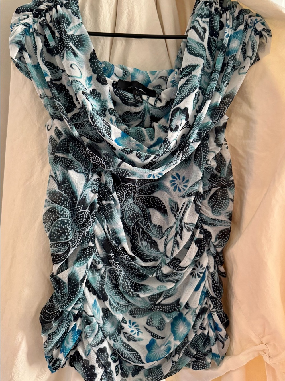 White House Black Market Teal, Black & White Floral Cowl Tank